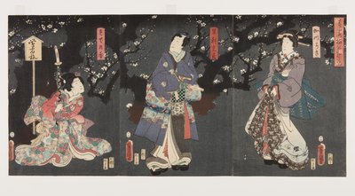 Enjoying Plum Blossoms in Spring Mist: Sodenoko (R), Ashikaga Mitsuuji (C), and Katsuragi (L) by Utagawa Kunisada
