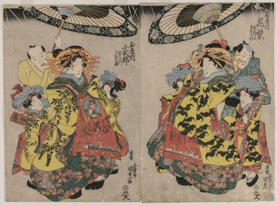 The Courtesans Hanamurasaki and Koshikibu of the Tamaya Promenading in the Rain by Utagawa Kunisada