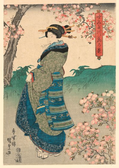 Woman viewing Cherry Blossoms on the Bank of the Sumida River by Utagawa Kunisada