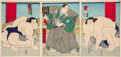 Sumo Wrestlers Shakaigawa and Ayasemawa by Utagawa Kuniteru