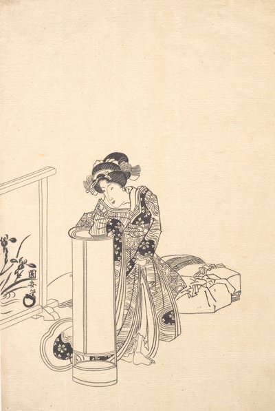 Young Woman Leaning over a Tall Lamp by Utagawa Kuniyasu
