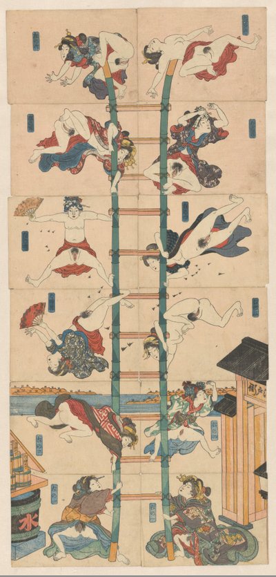 Series of Twelve Koban Shunga with Prostitutes in the Role of Acrobatic Firefighters by Utagawa Kuniyoshi (school of)