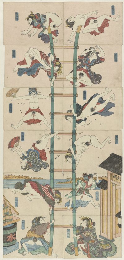 Series of twelve koban Shunga with prostitutes in the role of acrobatic firefighters by Utagawa Kuniyoshi (school of)