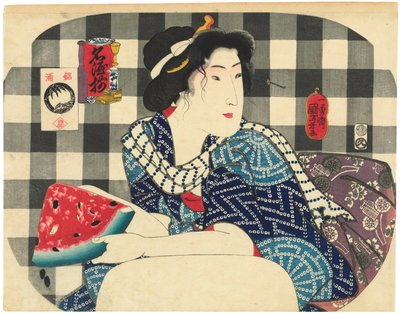 A woman holding a slice of watermelon, from the series Famous Brands of Sake by Utagawa Kuniyoshi