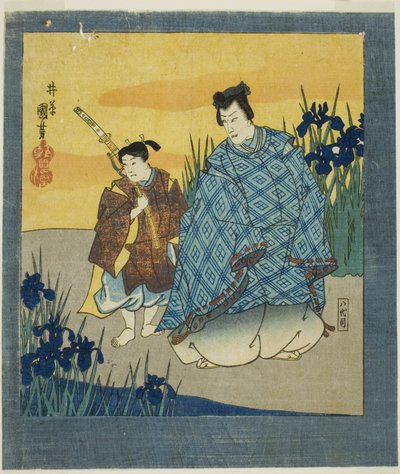 Actor Ichikawa Danjuro VIII as Narihira at Yatsuhashi from "A Six-fold Screen of Famous Pictures (Meiga rokushi byobu)" by Utagawa Kuniyoshi