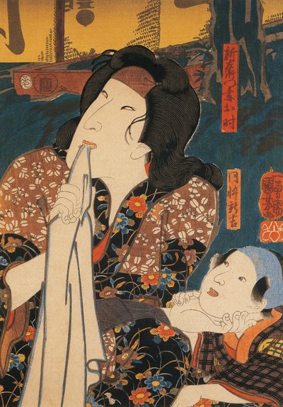 Actor in pensive pose beside child by Utagawa Kuniyoshi