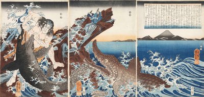 Asaina Saburo Yoshihide Wrestling Two Crocodiles at Kotsubo beach by Utagawa Kuniyoshi