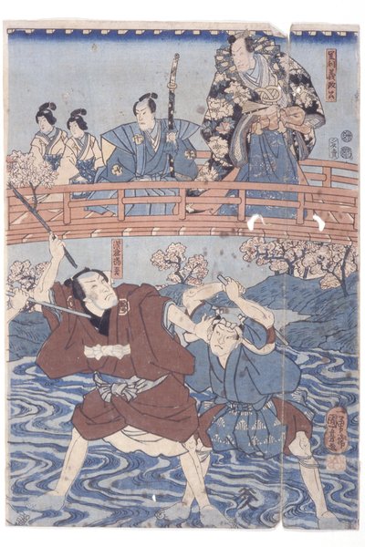 Bando Hikosaburo IV As Ashikaga Yoshimasa And Ichikawa Kodanji IV As Asakura Togo From Kabuki Play, Higashiyama Sakura Soshi by Utagawa Kuniyoshi