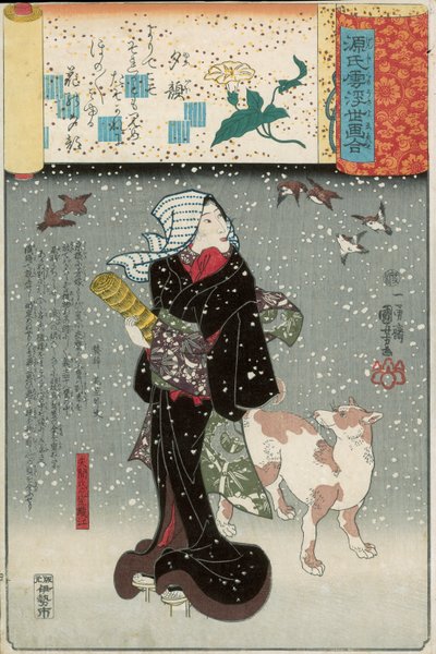 Bijin with a Dog in the Snow, from Genji Mitate Series by Utagawa Kuniyoshi