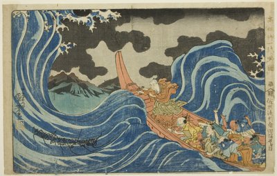 Casting a Mantra on the Waves at Kakuta on His Exile to Sado Island, from the series "Concise Illustrated Biography of the Great Priest [Nichiren]" by Utagawa Kuniyoshi