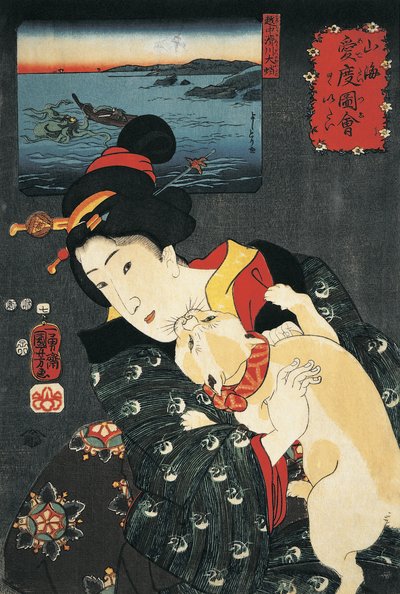 Close-up of a young woman with a cat in her arms by Utagawa Kuniyoshi