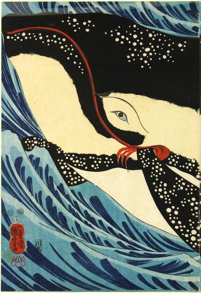 Colour Woodblock Print Triptych, Depicting the Great Swordsman Miyamoto Musashi Attacking a Giant Whale by Utagawa Kuniyoshi