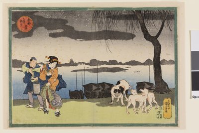 Geisha, Attendant, and Three Dogs near Yanagi Bridge at Ryogoku, from the Series Famous Views of the Eastern Capital, c.1834 by Utagawa Kuniyoshi