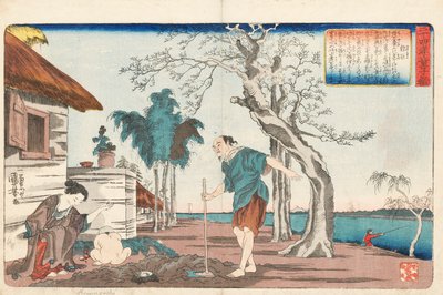 Kakkyo and his wife unearthing a pot of gold in the hole they were digging in order to bury their infant son, c.1843 by Utagawa Kuniyoshi