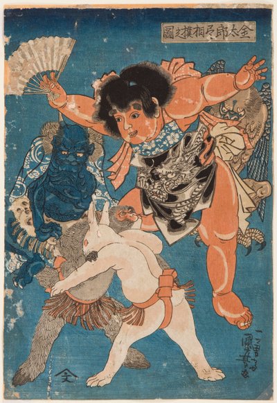 Kintaro Arbitrates a Wrestling Match Between a Monkey and a Rabbit by Utagawa Kuniyoshi