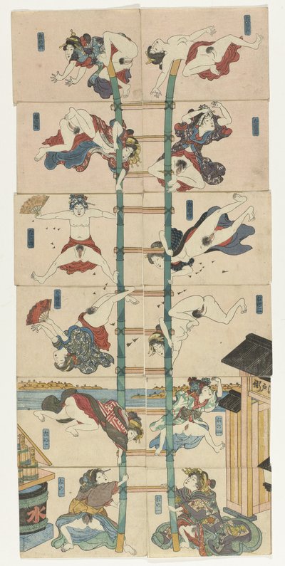 Series of Twelve Koban Shunga with Prostitutes in the Role of Acrobatic Firefighters by Utagawa Kuniyoshi