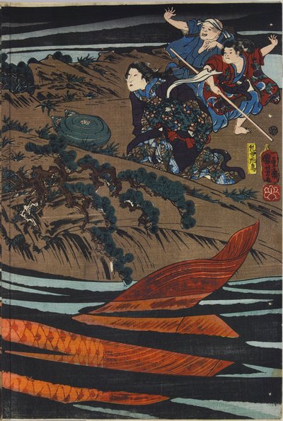 Sheet from a Colour Woodblock Print Triptych, Depicting Oniwaka-maru About to Attack the Giant Carp Which Devoured His Mother: Japan, Edo, by Utagawa Kuniyoshi by Utagawa Kuniyoshi