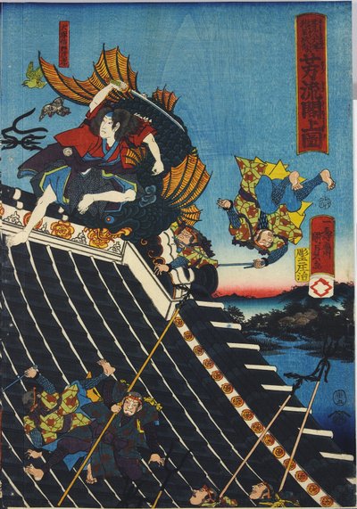 Sheet from a colour woodblock print triptych, entitled Horyukaku sho no zu depicting a scene from the Hakkenden of Takiwzawa Bakin showing a fight on the temple roof between Inuzuka Shino by Utagawa Kuniyoshi