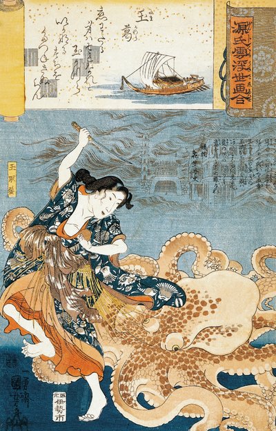 Tamatori (female ama diver), Being attacked by octopus while grabbing sacred jewel by Utagawa Kuniyoshi