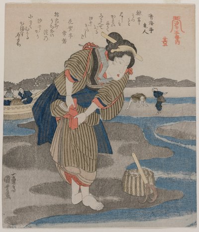 Woman Fastening her Skirts from the series Five Pictures of Low Tide by Utagawa Kuniyoshi
