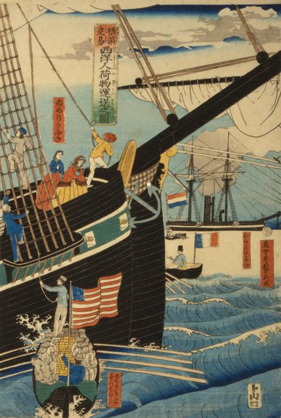 Western Traders at Yokohama Transporting Cargo and Passengers, 1861 by Utagawa Sadahide