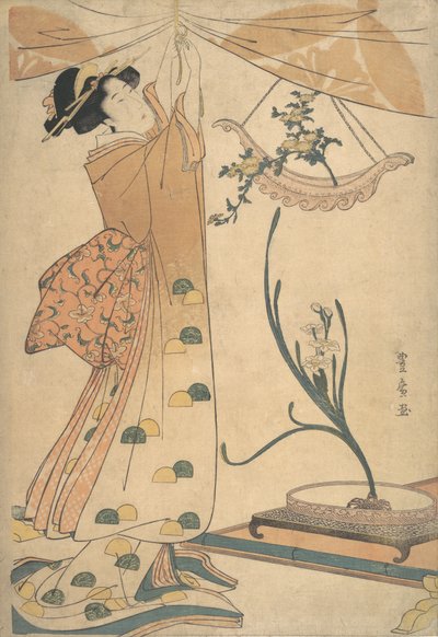 A Woman Tying up a Curtain, a Flower Arrangement of Chrysanthemums in a Boat-shaped Ha... by Utagawa Toyohiro