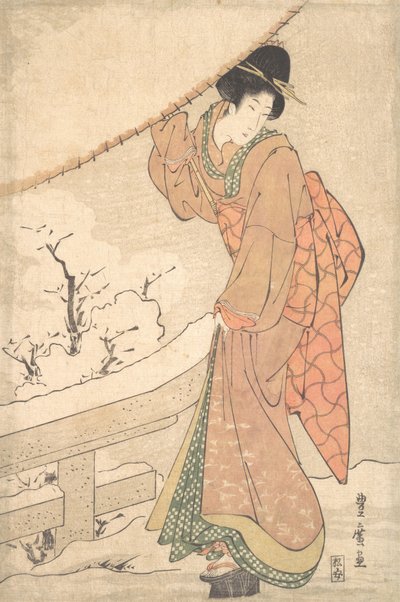 A Young Woman in a Snow Storm Carrying a Heavily Snow-Laden Umbrella by Utagawa Toyohiro
