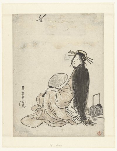 Courtesan with Fan and Smoking Utensils Looking Up at Cuckoo by Utagawa Toyohiro
