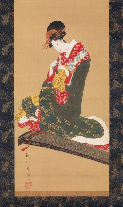 Woman Putting on Finger Plectrums to Play the Koto, early 19th century by Utagawa Toyohiro