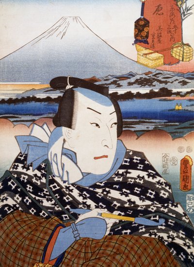 Portrait of Kabuki theatre actor in front of Mount Fuji, ukiyo-e art print, Japanese civilization, Edo period by Utagawa Toyokuni