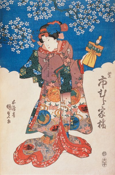 Woman in Kimono with Puppet and Background Decorated with Apple Blossoms by Utagawa Toyokuni
