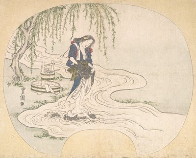 A Woman Stands on a Rock in a Stream Washing Clothes by Utagawa Toyokuni II