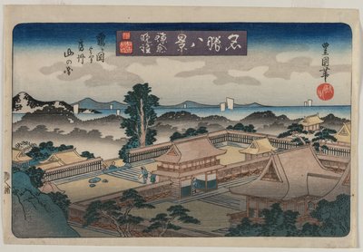Eight Views of Famous Places: Evening Bell in Kamakura: The Mountains in Awa Province from the Hachiman Shrine in Tsurugaoka by Utagawa Toyokuni II