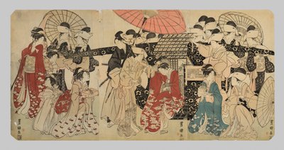A princess traveling with her attendants descends from a palanquin by Utagawa Toyokuni I