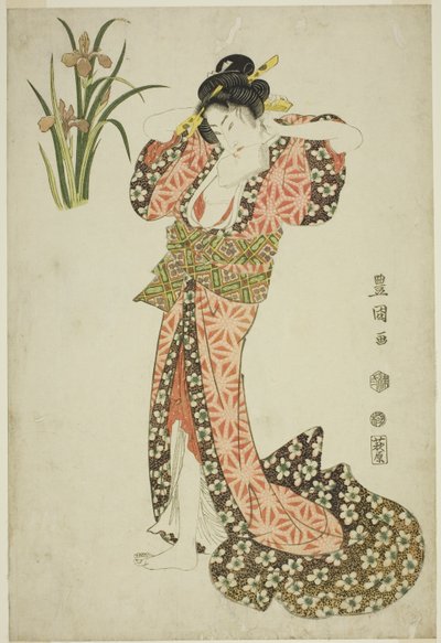 Irises: Beauty Arranging Hair, from an Untitled Series of Beauties and Flowers by Utagawa Toyokuni I
