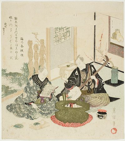 Reading and Playing Shamisen in Winter by Utagawa Toyokuni I