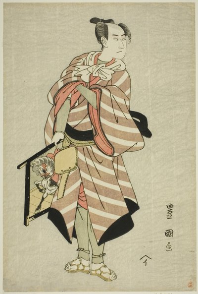 The actor Sawamura Sojuro III as the packhorse-man Muchizo in the play "Miyamairi Musubi no Kamigaki," performed at the Kiri Theater in the eleventh month, 1797 by Utagawa Toyokuni I