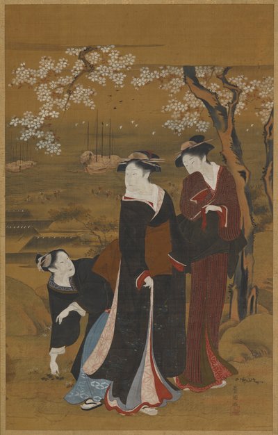 Three Women Under a Flowering Cherry Tree at the Seashore by Utagawa Toyokuni I