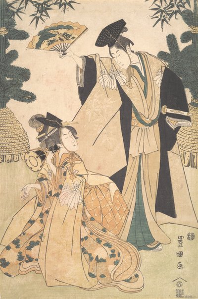 Young Lady with Drum and Man with Fan Saluting Her by Utagawa Toyokuni I