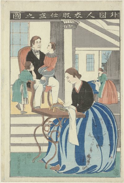 Western Woman Behind a Sewing Machine by Utagawa Yoshikazu