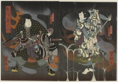 Two actors between flames and smoke by Utagawa Yoshitaki