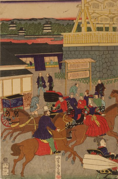 Flourishing Nihonbashi section of Tokyo. Tokyo Nihonbashi han ei no zu Triptych by Utagawa Yoshitora