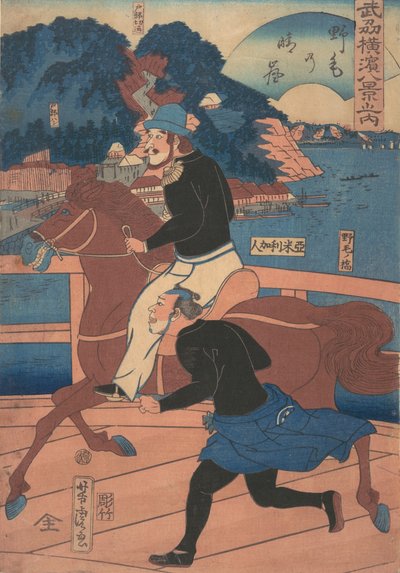 Returning Sails at Nogei [American couple riding over the Nogei Bridge], 1st month, 1861 by Utagawa Yoshitora
