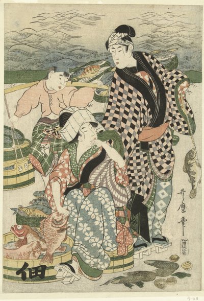 View of the Fish Market on the Beach at Shiba by Utamaro (II) , Kitagawa