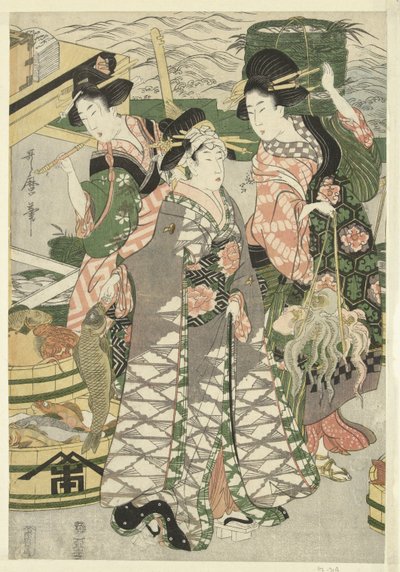 View of the Fish Market on the Beach at Shiba by Utamaro (II) , Kitagawa