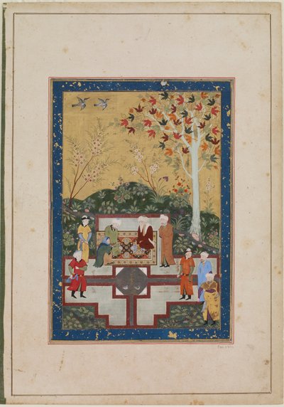 Album folio; An Old Woman and Two Sages, Bukhara, Uzbekistan, Timurid period, 1510-40 by Uzbek School