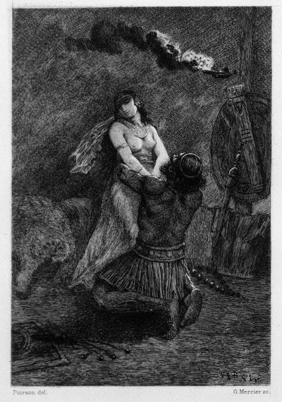 He was on his knees, on the floor, in front of her. Illustration by V.A. Poirson (1890) for the novel Salammbo by Gustave Flaubert, taking as a framework the mercenary war at the time of the first Punic War (246-241 BC) between the Romans and Carthaginians by Victor Armand Poirson