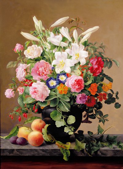 Still Life with Flowers and Fruit by V. Hoier