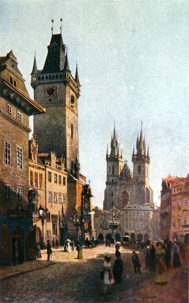 View of Staromestsky Rynk with the Town Hall and the Church of Our Lady before Tyn, from 