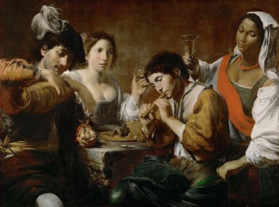 Meeting in a Tavern Musician and Drinkers by Valentin de Boullogne